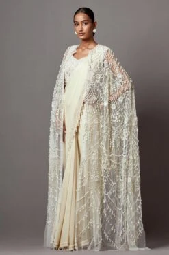 Mala And Kinnary Ivory White Pearl & Sequin Adorned Cape Set 9 Mala And Kinnary Ivory White Pearl & Sequin Adorned Cape Set -Divine Couture 16124mk22 3