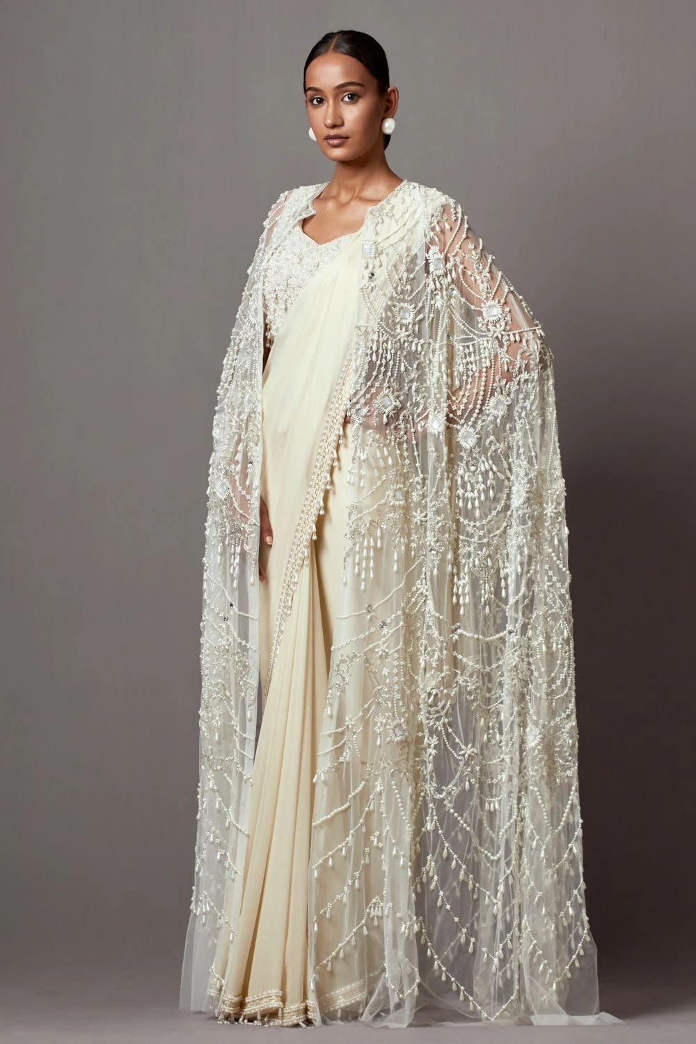Mala And Kinnary Ivory White Pearl & Sequin Adorned Cape Set 5 Mala And Kinnary Ivory White Pearl & Sequin Adorned Cape Set - Image 3
