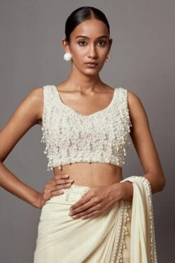 Mala And Kinnary Ivory White Pearl & Sequin Adorned Cape Set 10 Mala And Kinnary Ivory White Pearl & Sequin Adorned Cape Set -Divine Couture 16124mk22 4