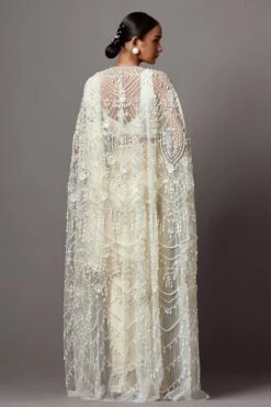 Mala And Kinnary Ivory White Pearl & Sequin Adorned Cape Set 11 Mala And Kinnary Ivory White Pearl & Sequin Adorned Cape Set -Divine Couture 16124mk22 5