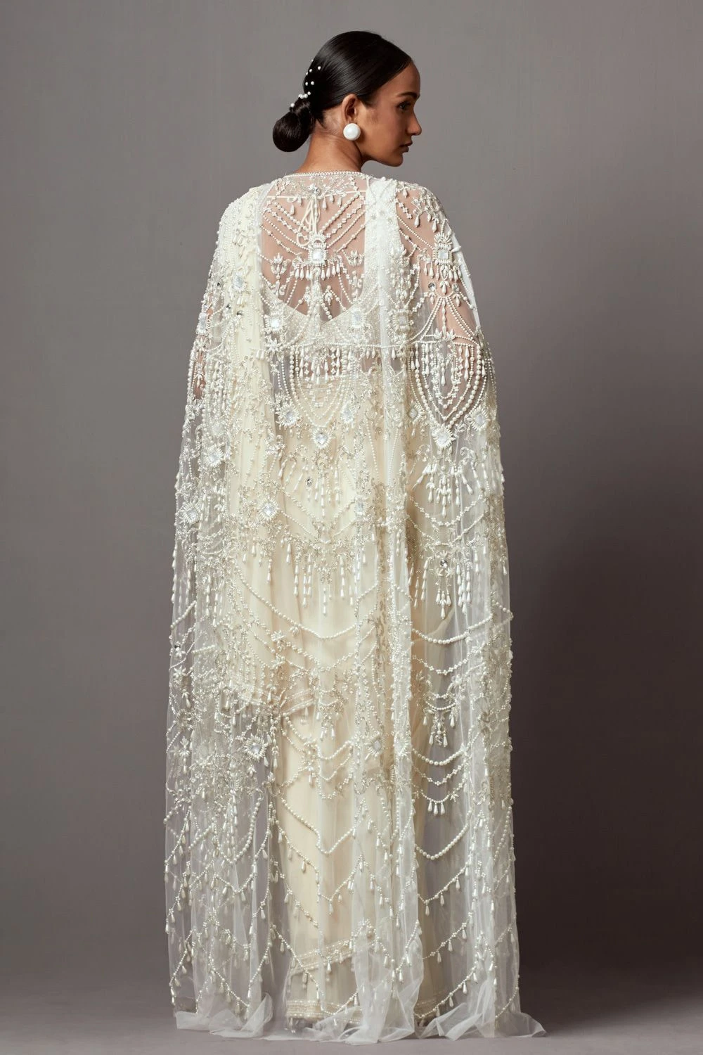 Mala And Kinnary Ivory White Pearl & Sequin Adorned Cape Set 7 Mala And Kinnary Ivory White Pearl & Sequin Adorned Cape Set - Image 5