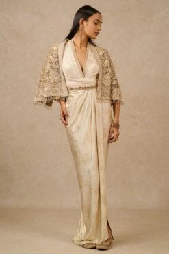 Tarun Tahiliani Gold Gara Embroidered Cape & Dress Set -Divine Couture 16923tt37 2