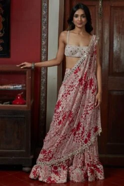 Arpita Mehta Sand & Red Gharara With Hand Embroidered Drape