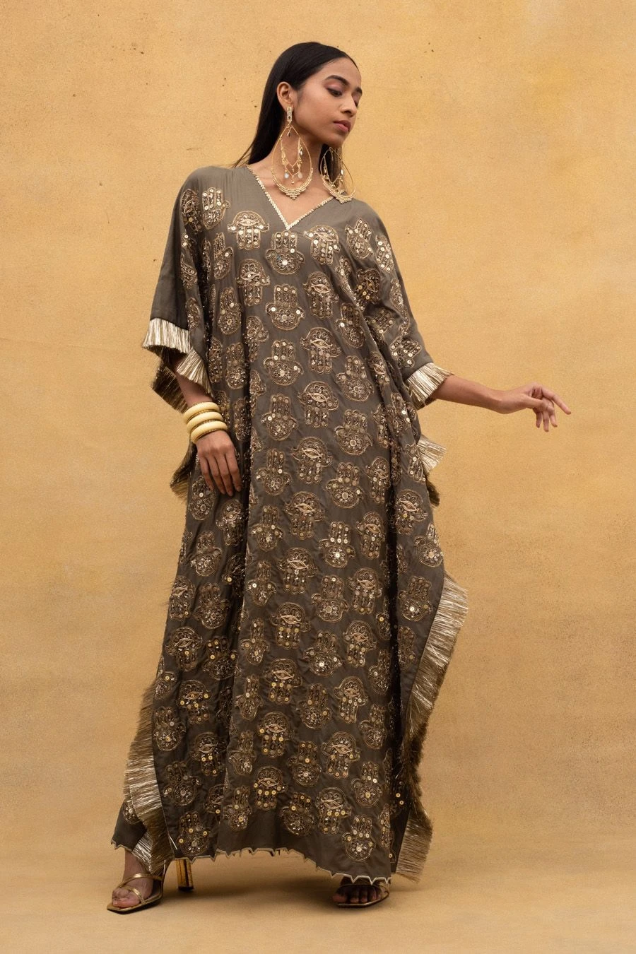 Heirloom By Rara Avis Olive Green Hamsa Motif Kaftan 4 Heirloom By Rara Avis Olive Green Hamsa Motif Kaftan - Image 2