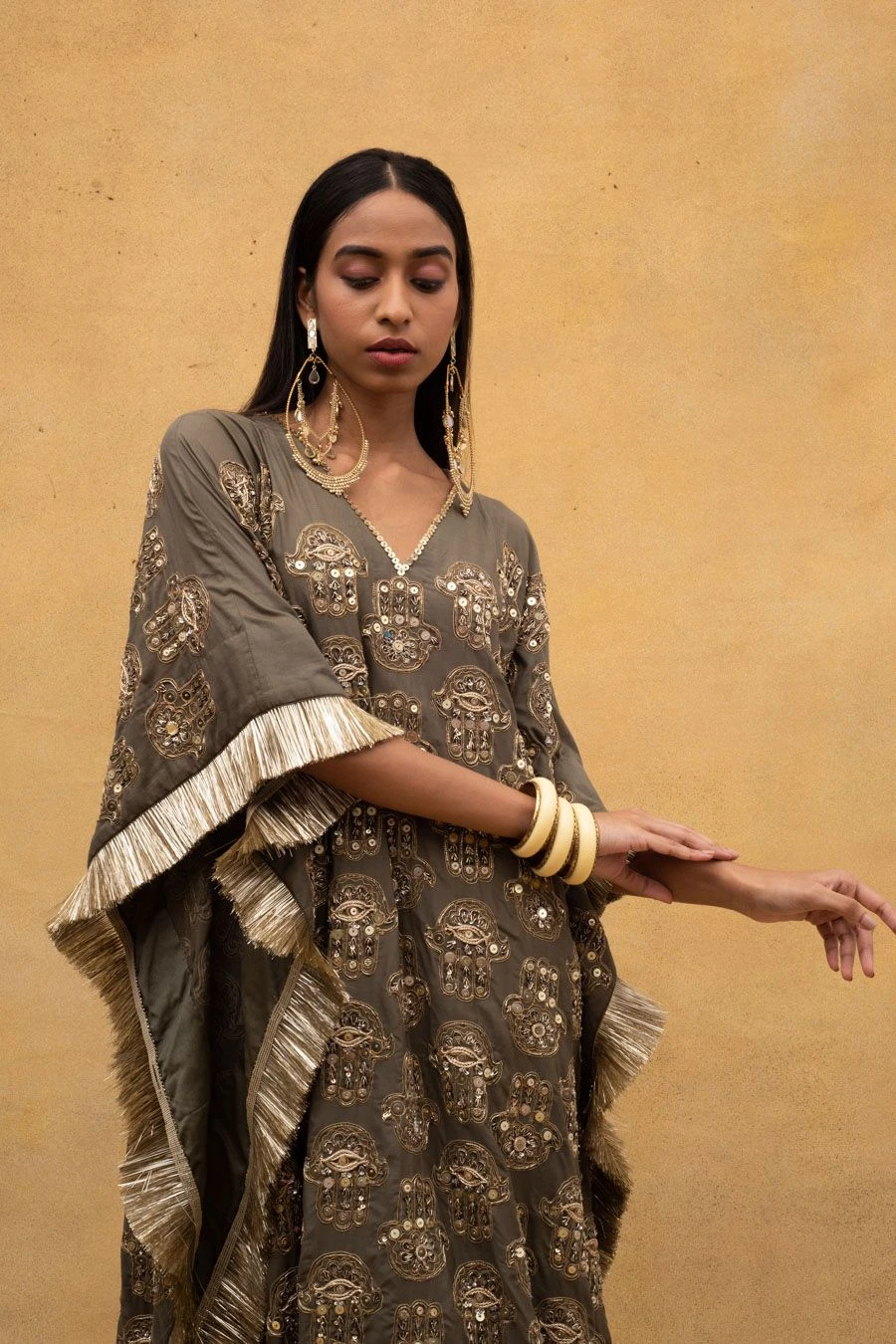 Heirloom By Rara Avis Olive Green Hamsa Motif Kaftan 6 Heirloom By Rara Avis Olive Green Hamsa Motif Kaftan - Image 4