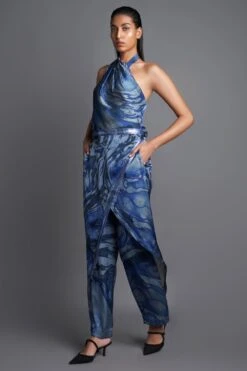 Amit Aggarwal Marbled Draped Aqua Jumpsuit -Divine Couture 172ag17 2