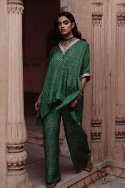 Avacara Green Handblock Printed Short Kaftan Set