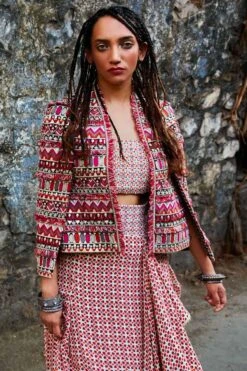 SVA Ivory Geometric Printed Jacket Set