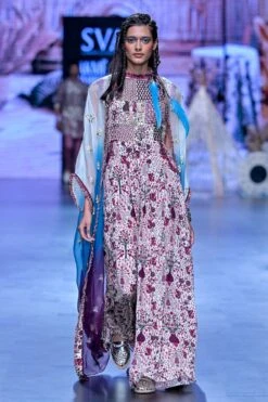 SVA Safar Merlot Jaal Patchwork Jumpsuit & Cape Set