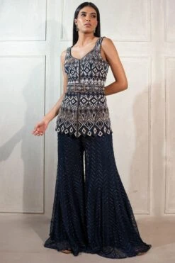 Ritika Mirchandani Navy Blue Geometric Hand Embroidered Sharara Set