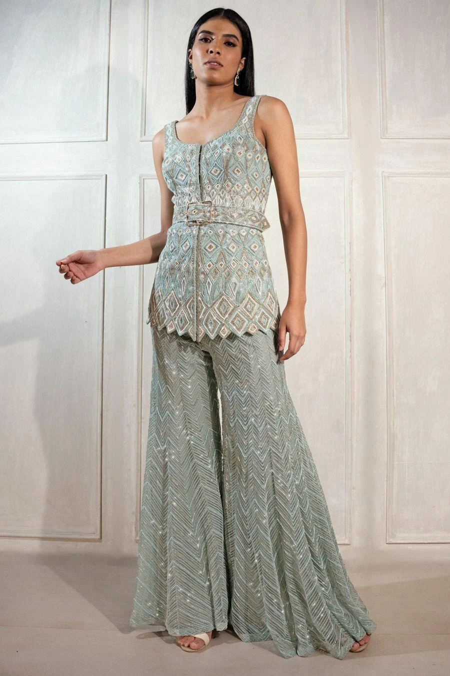 Ritika Mirchandani Green & Blue Hand Embroidered Sharara Set 5 Ritika Mirchandani Green & Blue Hand Embroidered Sharara Set - Image 3