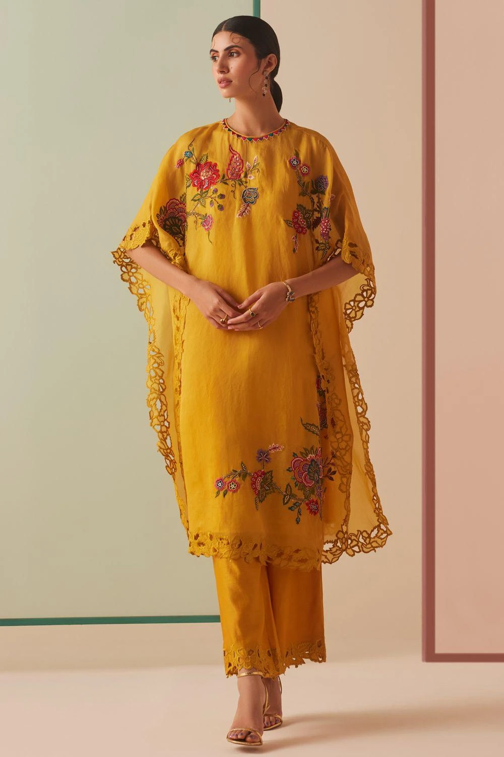 Chandrima Mustard Thread Work And Cutwork Kaftan 3 Chandrima Mustard Thread Work And Cutwork Kaftan