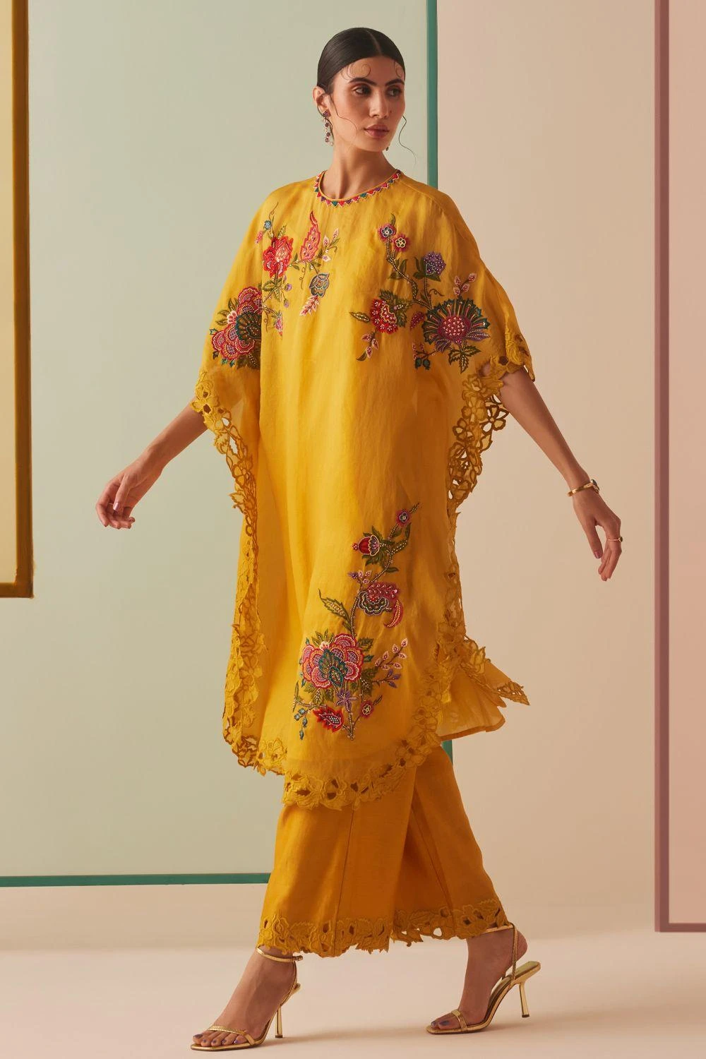 Chandrima Mustard Thread Work And Cutwork Kaftan 4 Chandrima Mustard Thread Work And Cutwork Kaftan - Image 2
