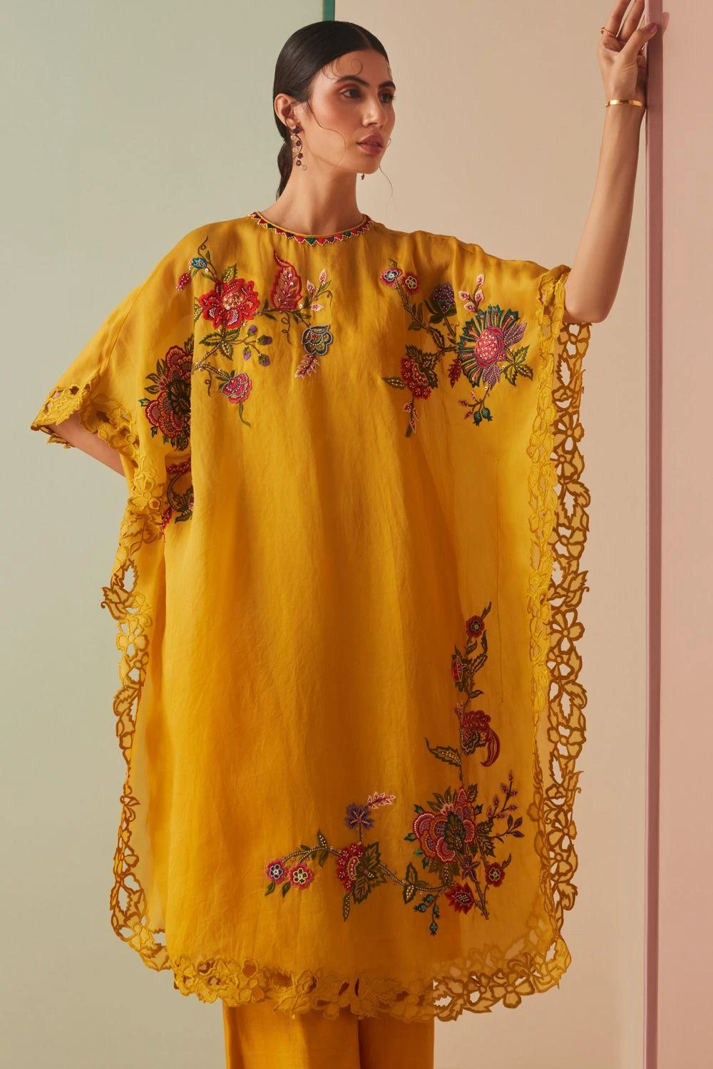 Chandrima Mustard Thread Work And Cutwork Kaftan 5 Chandrima Mustard Thread Work And Cutwork Kaftan - Image 3