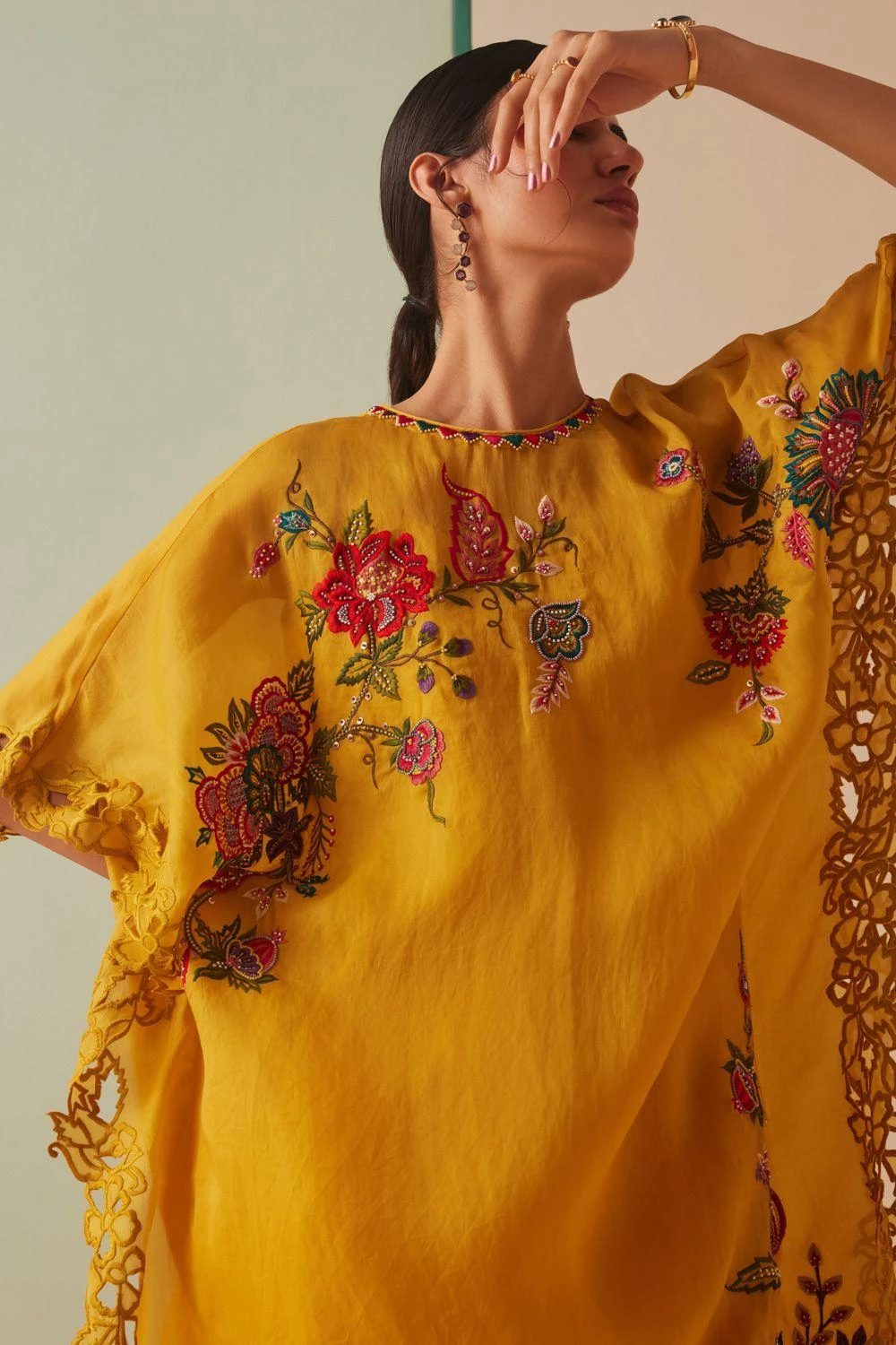 Chandrima Mustard Thread Work And Cutwork Kaftan 6 Chandrima Mustard Thread Work And Cutwork Kaftan - Image 4