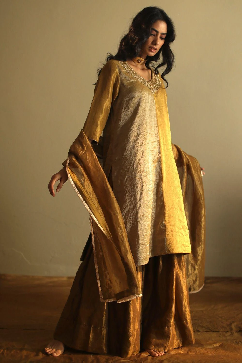 Shorshe Antique Gold Tissue Sharara Set 4 Shorshe Antique Gold Tissue Sharara Set - Image 2