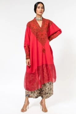 Divya Sheth Red Embroidered Kaftan & Pants Set