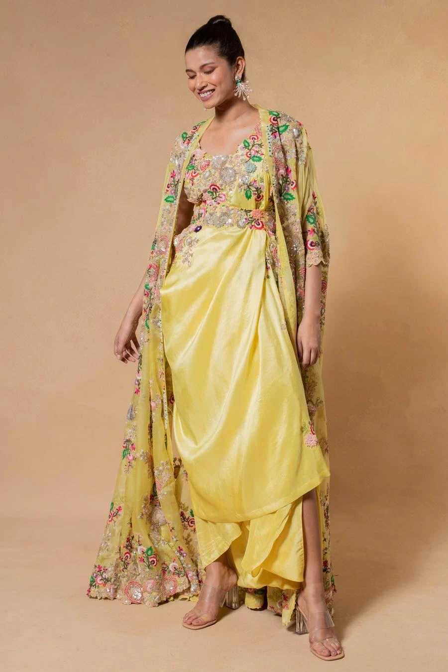 Anamika Khanna Yellow Floral Embellished Cape Set 3 Anamika Khanna Yellow Floral Embellished Cape Set