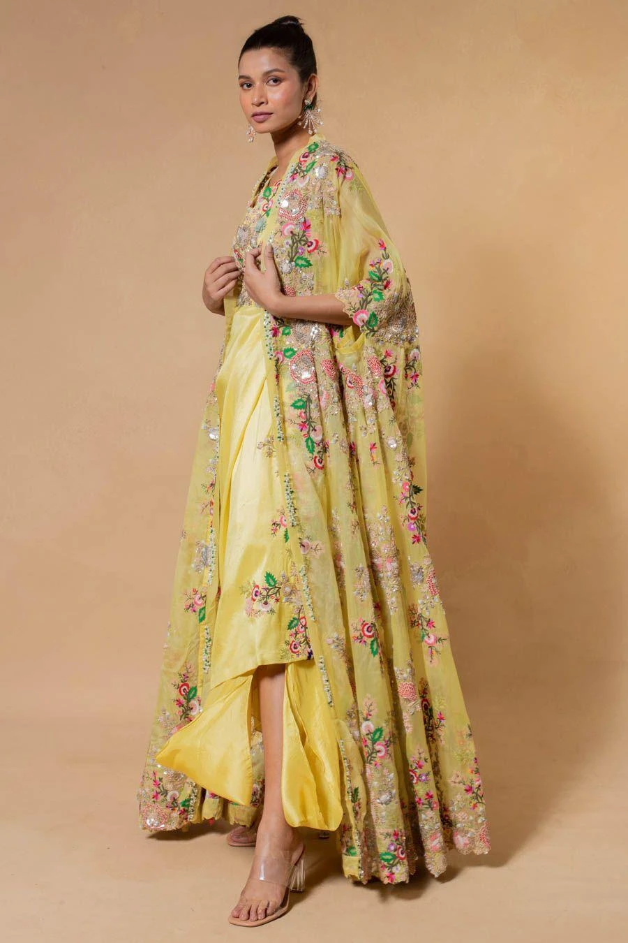 Anamika Khanna Yellow Floral Embellished Cape Set 4 Anamika Khanna Yellow Floral Embellished Cape Set - Image 2