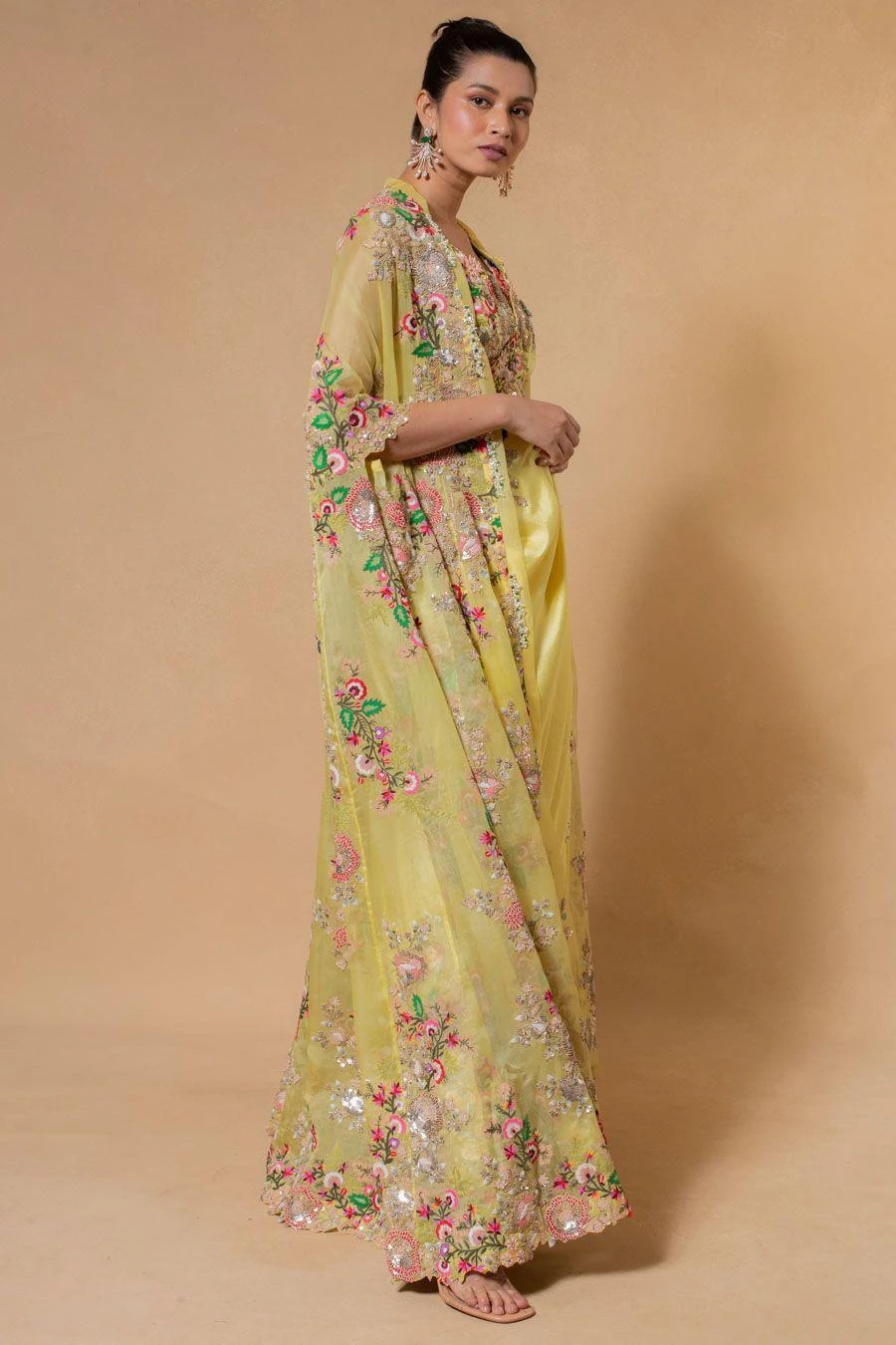 Anamika Khanna Yellow Floral Embellished Cape Set 5 Anamika Khanna Yellow Floral Embellished Cape Set - Image 3