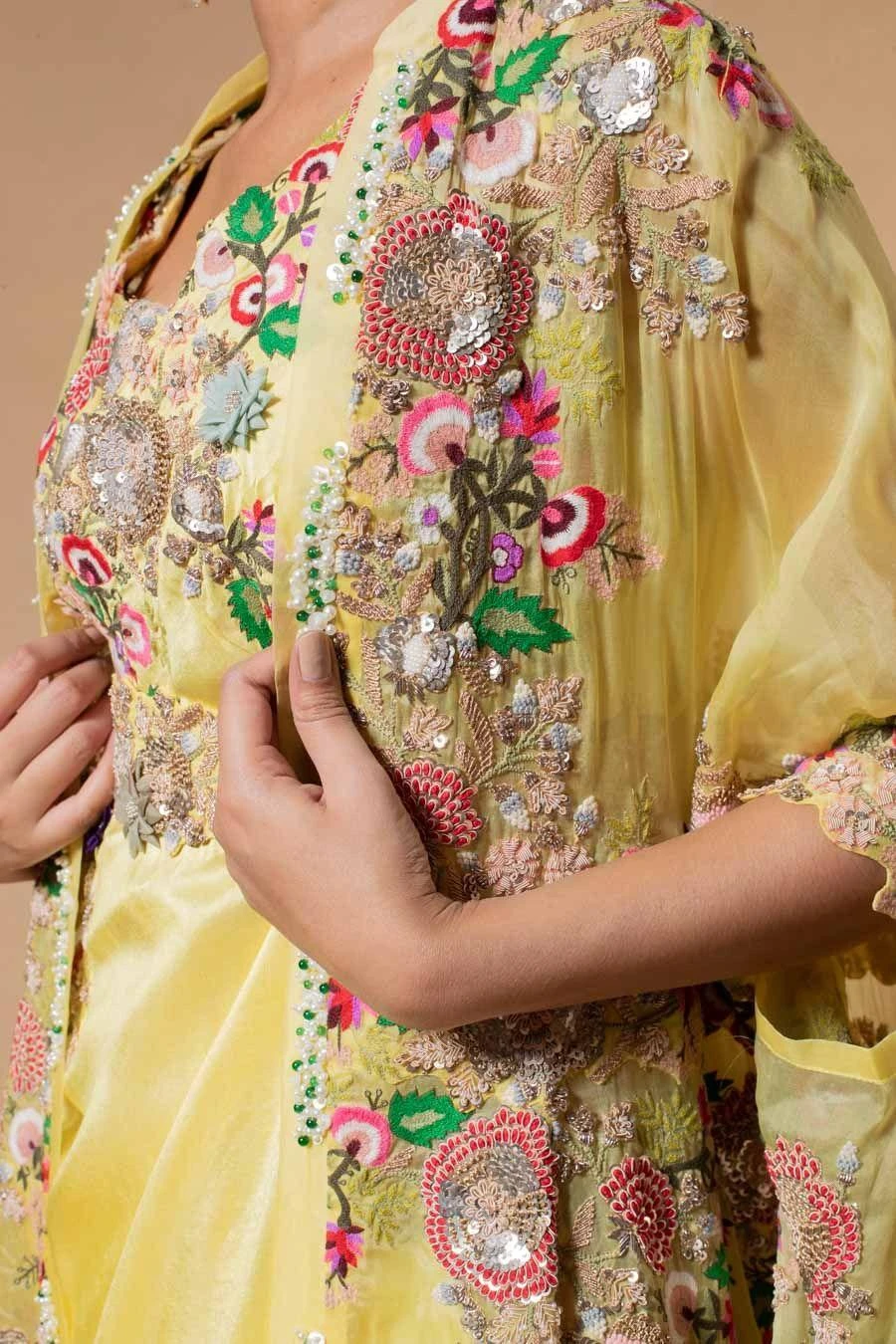 Anamika Khanna Yellow Floral Embellished Cape Set 6 Anamika Khanna Yellow Floral Embellished Cape Set - Image 4