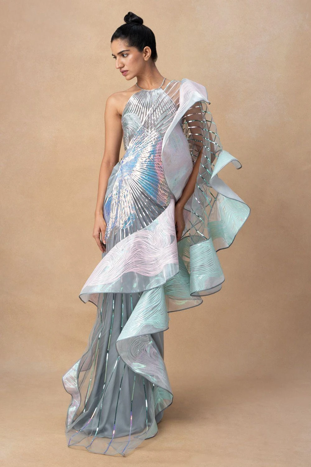 Amit Aggarwal Blush Grey Draped Dress & Cape Set 3 Amit Aggarwal Blush Grey Draped Dress & Cape Set