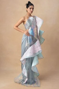 Amit Aggarwal Blush Grey Draped Dress & Cape Set 10 Amit Aggarwal Blush Grey Draped Dress & Cape Set -Divine Couture 19723aa3 3