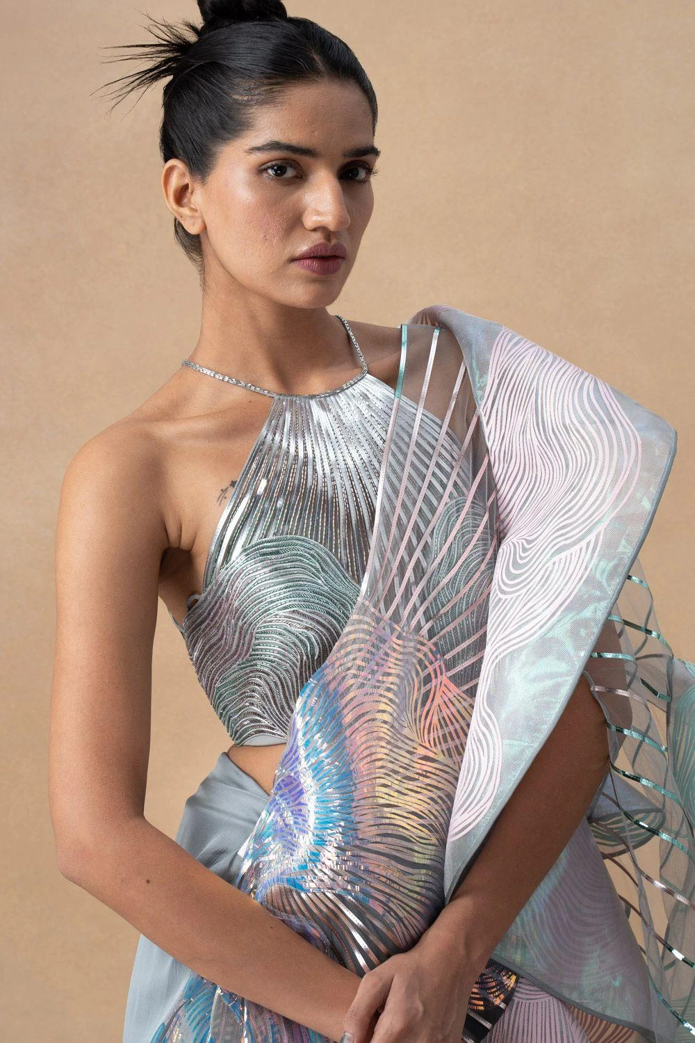 Amit Aggarwal Blush Grey Draped Dress & Cape Set 6 Amit Aggarwal Blush Grey Draped Dress & Cape Set - Image 4