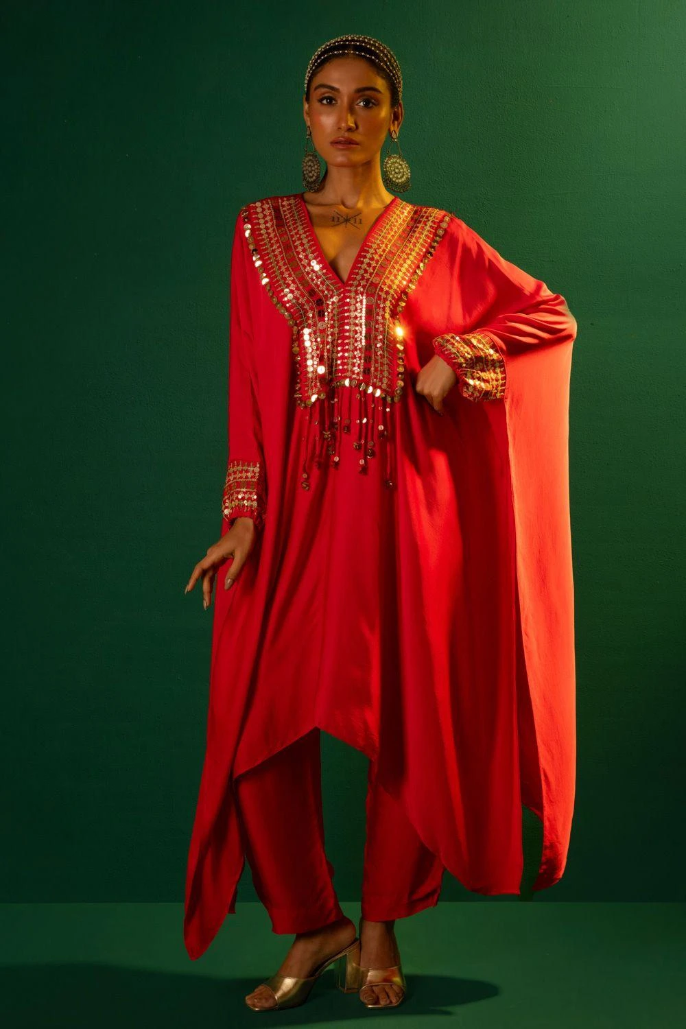 Prahnaaya Red Hand Embellished Kaftan Set 3 Prahnaaya Red Hand Embellished Kaftan Set