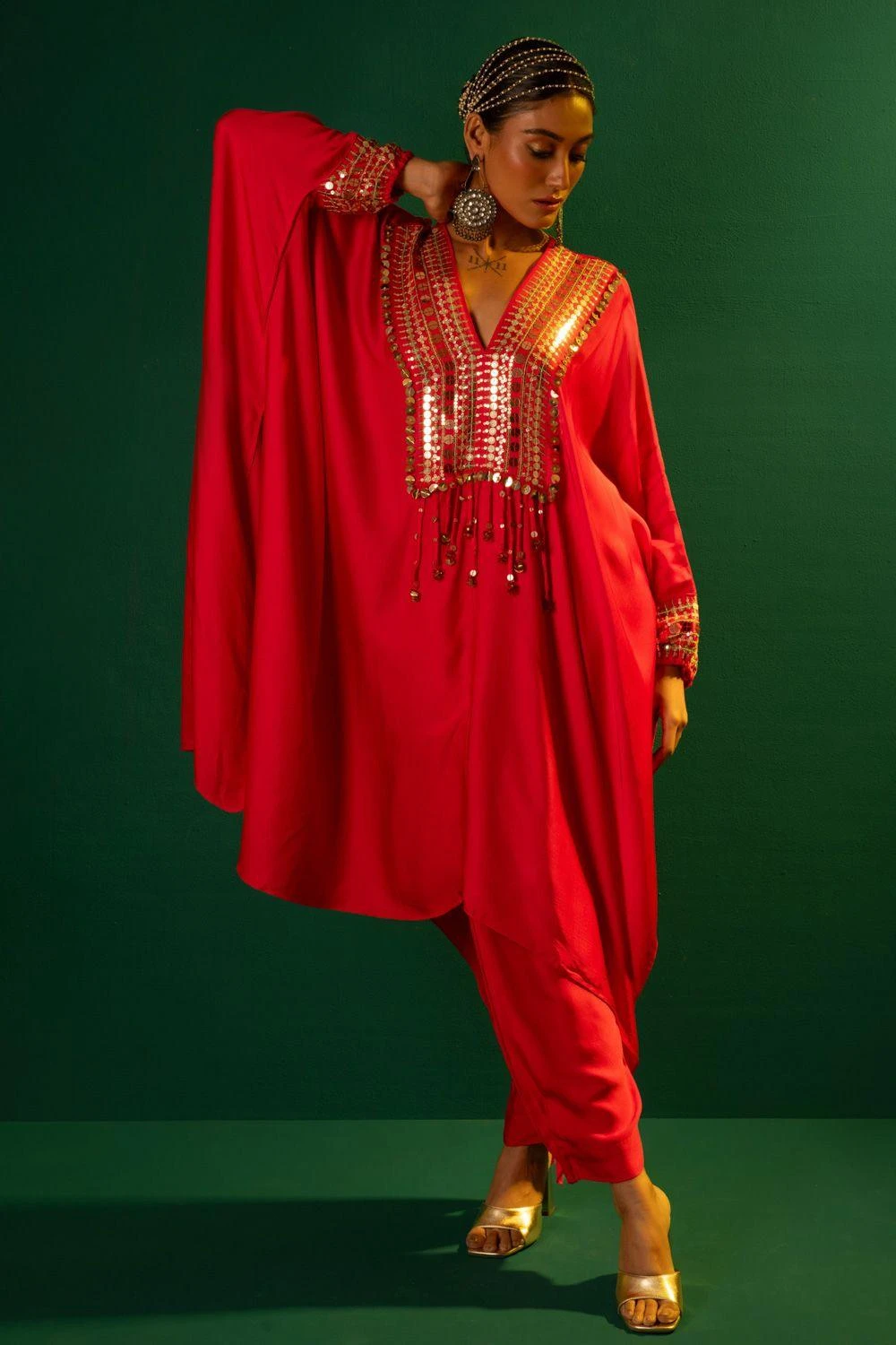 Prahnaaya Red Hand Embellished Kaftan Set 5 Prahnaaya Red Hand Embellished Kaftan Set - Image 3