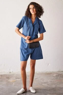 Khara Kapas Yale Blue Herringbone Jumpsuit