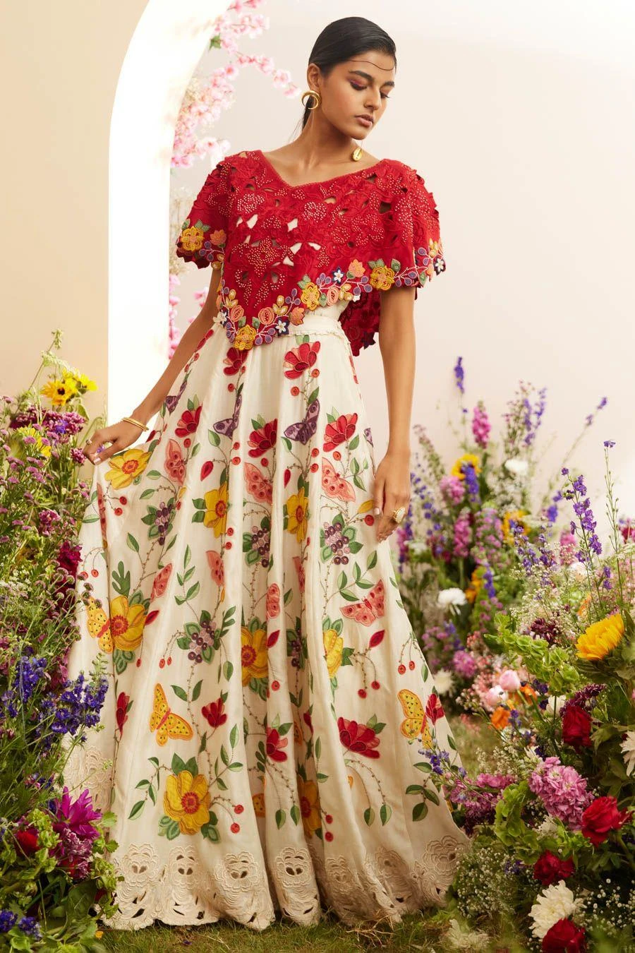 Chandrima Red Cutwork And Beadwork Poncho 3 Chandrima Red Cutwork And Beadwork Poncho