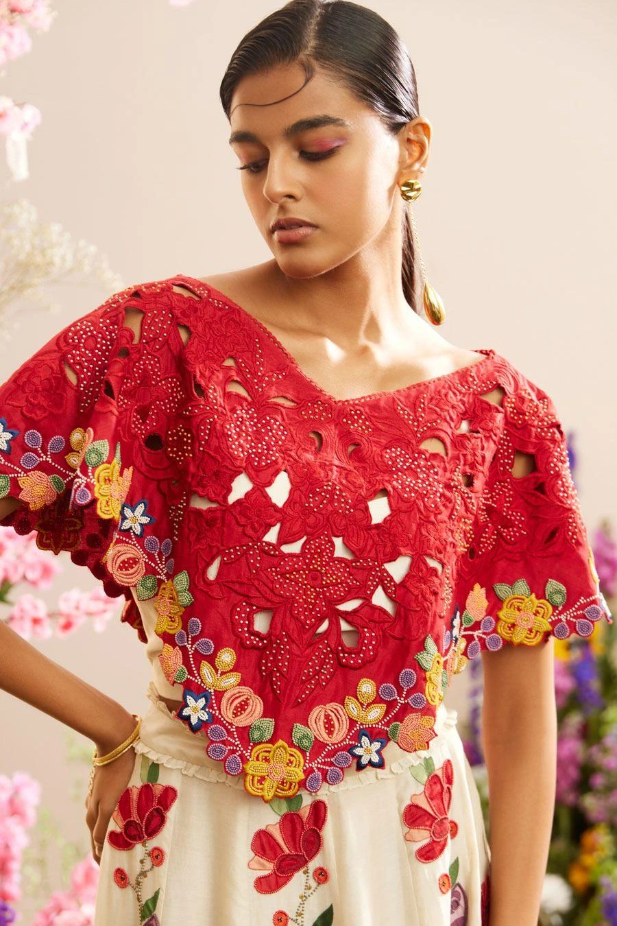 Chandrima Red Cutwork And Beadwork Poncho 4 Chandrima Red Cutwork And Beadwork Poncho - Image 2