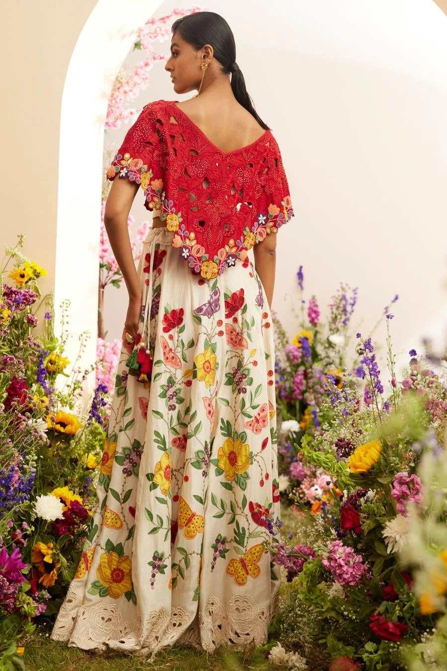 Chandrima Red Cutwork And Beadwork Poncho 5 Chandrima Red Cutwork And Beadwork Poncho - Image 3