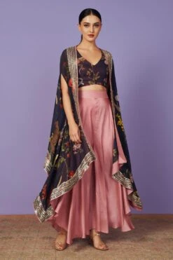 Anushree Reddy Black Floral Cape Set