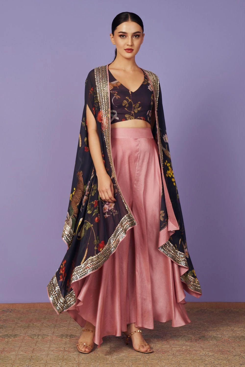 Anushree Reddy Black Floral Cape Set 3 Anushree Reddy Black Floral Cape Set