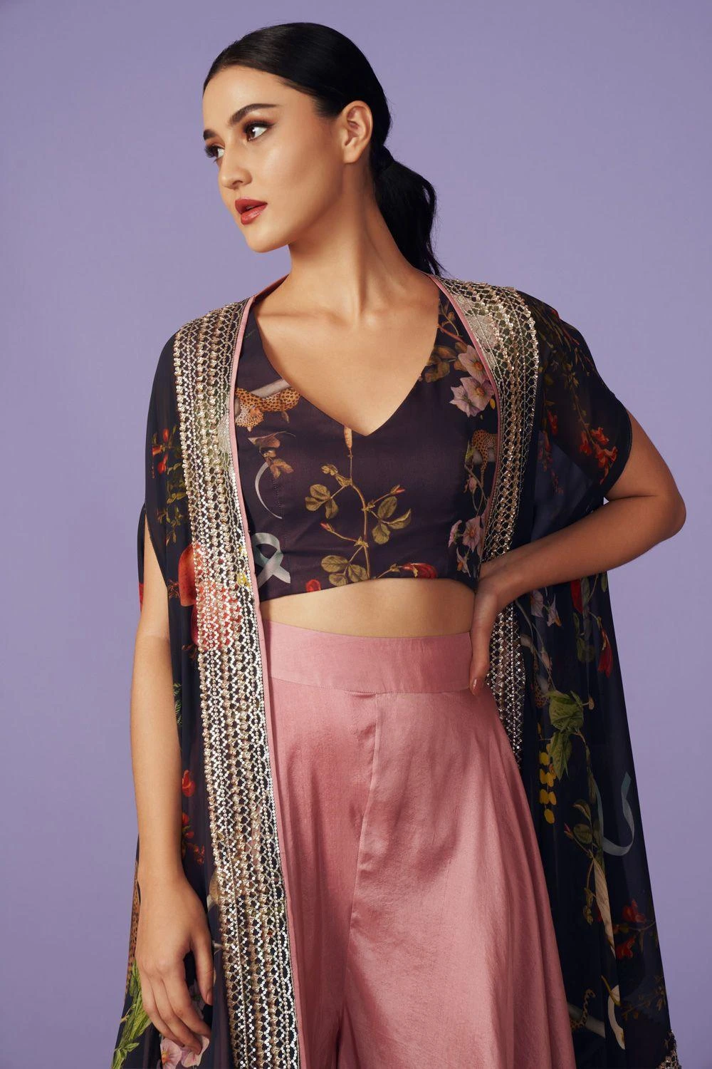 Anushree Reddy Black Floral Cape Set 4 Anushree Reddy Black Floral Cape Set - Image 2