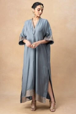 Jayanti Reddy Grey Embellished Kaftan With Benarasi Borders