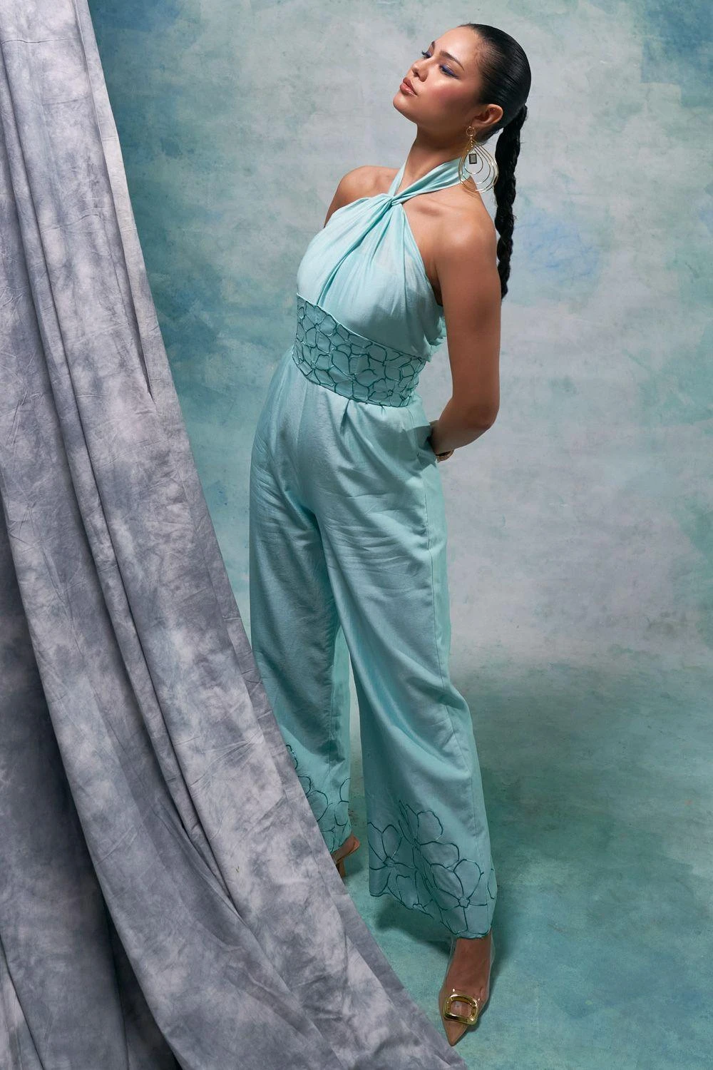 Sakshi Khetterpal Aqua Ice Halter Neck Jumpsuit 4 Sakshi Khetterpal Aqua Ice Halter Neck Jumpsuit - Image 2