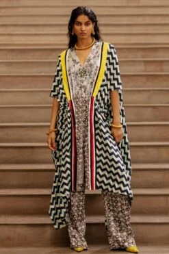 AK-OK By Anamika Khanna Blue Printed Drawstring Cape With Trousers