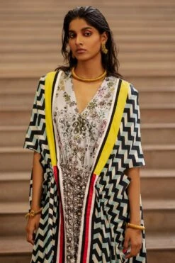 AK-OK By Anamika Khanna Blue Printed Drawstring Cape With Trousers -Divine Couture 2108akok85 3