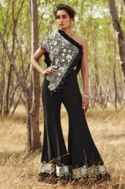 Mishru Black Embellished Cape Set