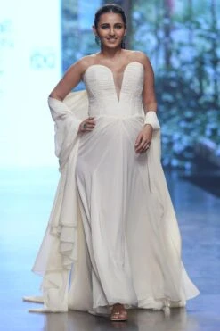 Gauri & Nainika White Plunge Neck Gown -Divine Couture 2112gn04 2