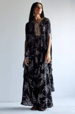 Arpita Mehta Black Leaf Print Hand Embroidered Cape Set