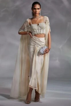 Divya Aggarwal Off White Hand Embellished Cape Set