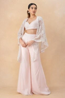 Mishru Sea Coral Floral Embellished Short Cape Set