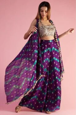 Payal Singhal Purple Embroidered Leheriya Cape Set