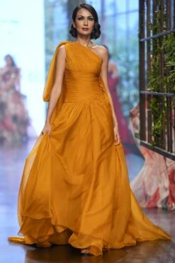 Gauri & Nainika Mustard One Shoulder Gown -Divine Couture 2311gn36 1