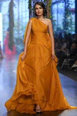 Gauri & Nainika Mustard One Shoulder Gown -Divine Couture 2311gn36 2