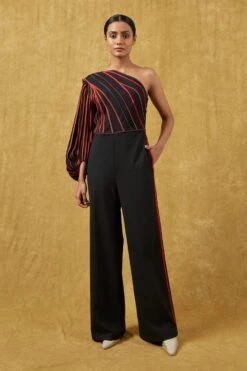 Bodice Black Pleated Jumpsuit With A Drape